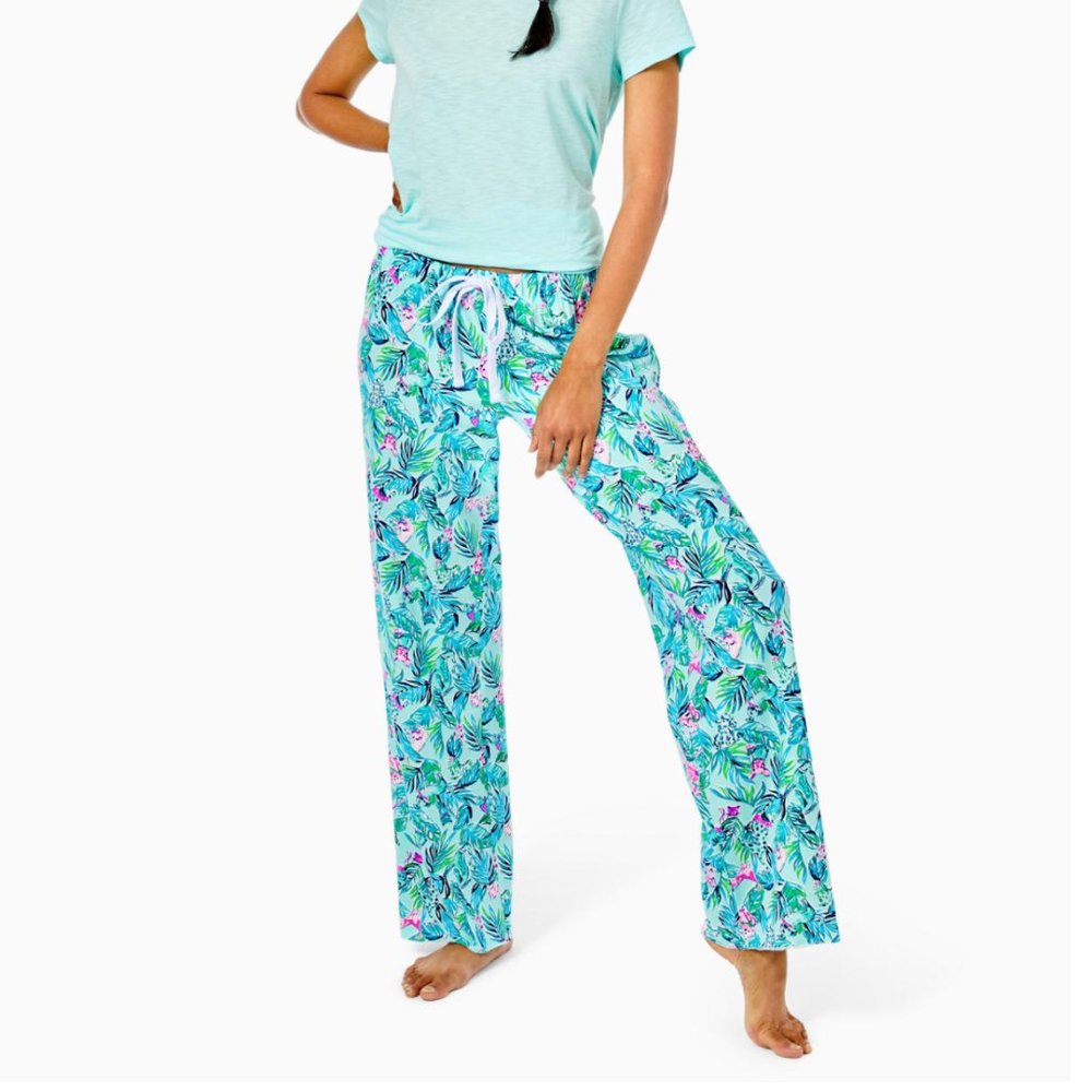 Lilly Pulitzer Knit Pajama Bottoms Long XS Seasalt Blue Barking Up The Palm Tree